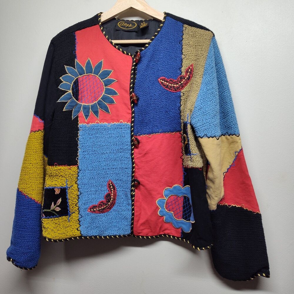 Alex Kim Patchwork Vintage Jacket Women L Black Maximalist Art To Wear Lagenlook